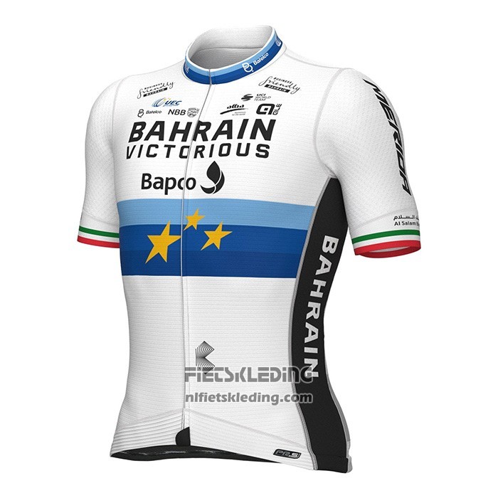 2022 Fietskleding European Champion Bahrain Victorious Blauw Wit Korte Mouwen en Koersbroek